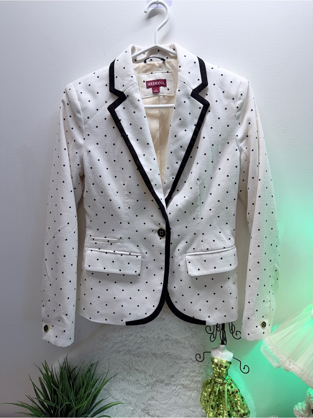 Merona White Blazer with Black Polka Dots and Black Trim Summer Garden Party 🎊